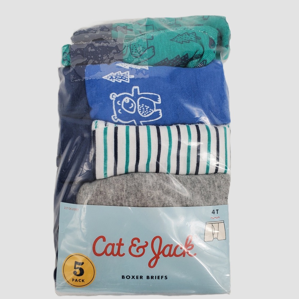 Cat & Jack Boys Size 4T Boxer Briefs 5 Pack Blue‎ Green Bear Stripes 100% Cotton